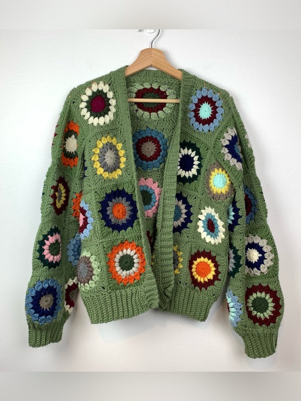 Granny Square Crochet Handmade Cardigan Open Front Sz Med Large Boho Cottagecore